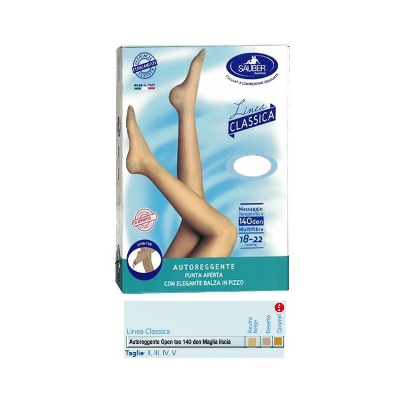 Sauber autoreggente open toe maglia liscia 140 den colore neutro beige taglia 4 linea classica Sauber autoreggente open toe maglia liscia 140 den colore neutro beige taglia 4 linea classica