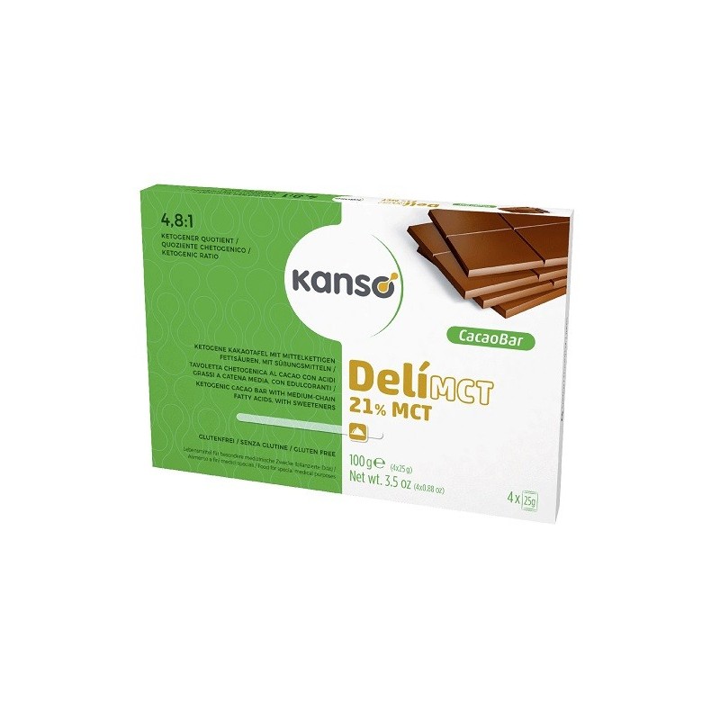 Kanso delimct cacao bar 21% tavoletta chetogenica al cacao con acidi grassi a catena media 4 monoporzioni da 25 g Kanso delimct cacao bar 21% tavoletta chetogenica al cacao con acidi grassi a catena media 4 monoporzioni da 25 g