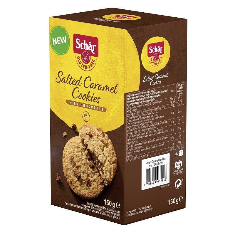 Schar salted caramel cookies con gocce di cioccolato al latte e caramello 150 g Schar salted caramel cookies con gocce di cioccolato al latte e caramello 150 g