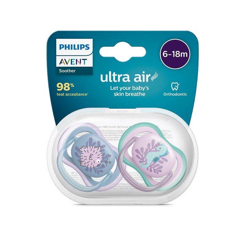 Avent ultra air ciuccio ortodontico 6-18 mesi pesce palla/cavalluccio marino 2 pezzi