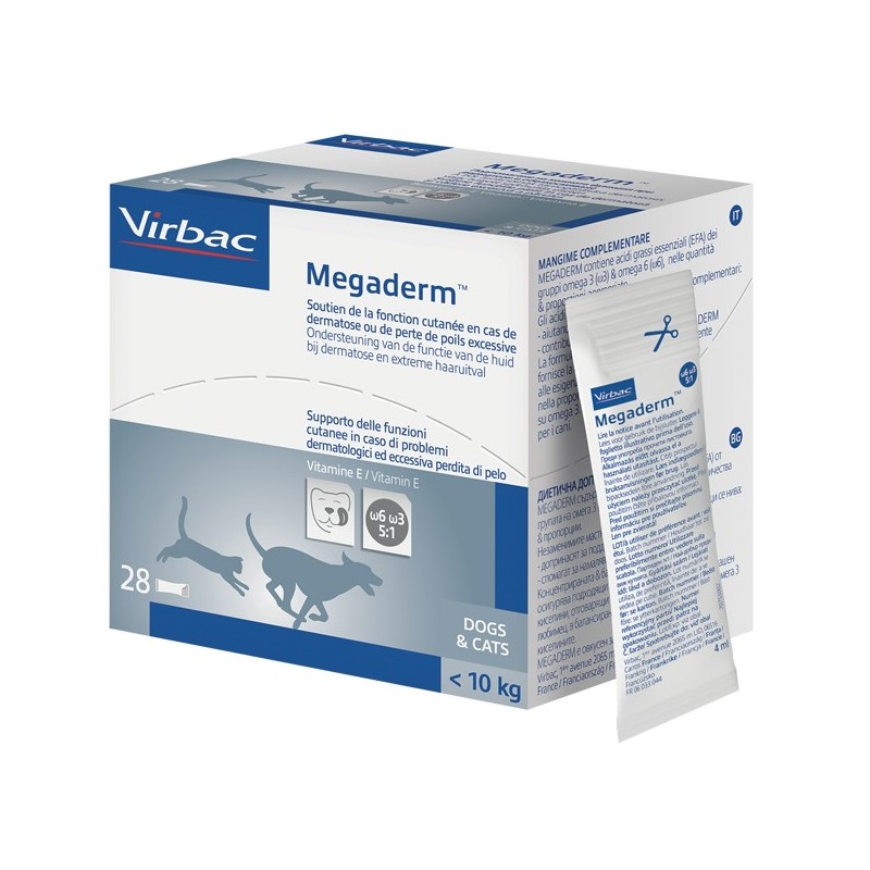 Megaderm supplemento gatti e cani inferiori a 10 kg scatolada 32 sacchetti monodose 4 ml Megaderm supplemento gatti e cani inferiori a 10 kg scatolada 32 sacchetti monodose 4 ml