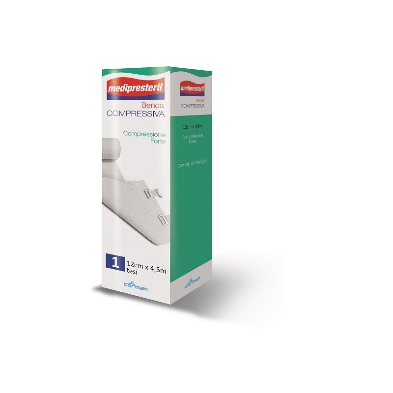 Benda medipresteril compressione forte m4,5x12cm tesi con clip di fissaggio