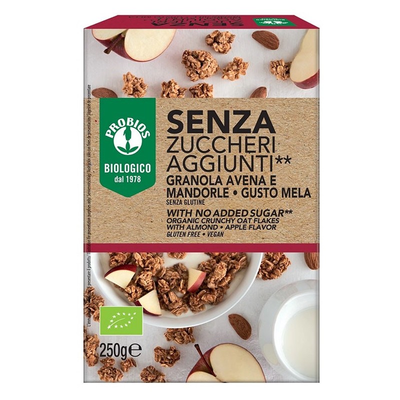 Probios granola senza zuccheri aggiunti avena e mandorla e mela senza glutine 250 g