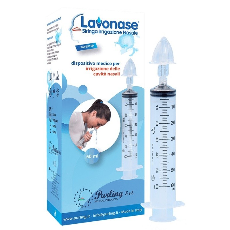 Lavonase irrigazione nasale non sterile siringa 60 ml + luer-lock con cappuccio + ugello nasale con raccordo luer-lock +perforat