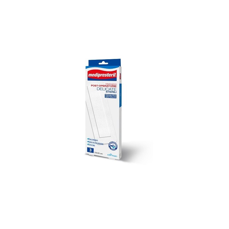 Medicazione post operatoria medipreseteril delicata tnt 10x30cm 3 pezzi Medicazione post operatoria medipreseteril delicata tnt 10x30cm 3 pezzi