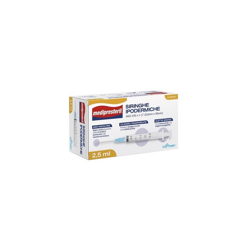 Siringa ipodermica medipresteril ago 23 gauge 1 1/4 0,6x30mm2,5 ml 10 pezzi