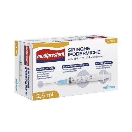Siringa ipodermica medipresteril ago 23 gauge 1 1/4 0,6x30mm2,5 ml 10 pezzi