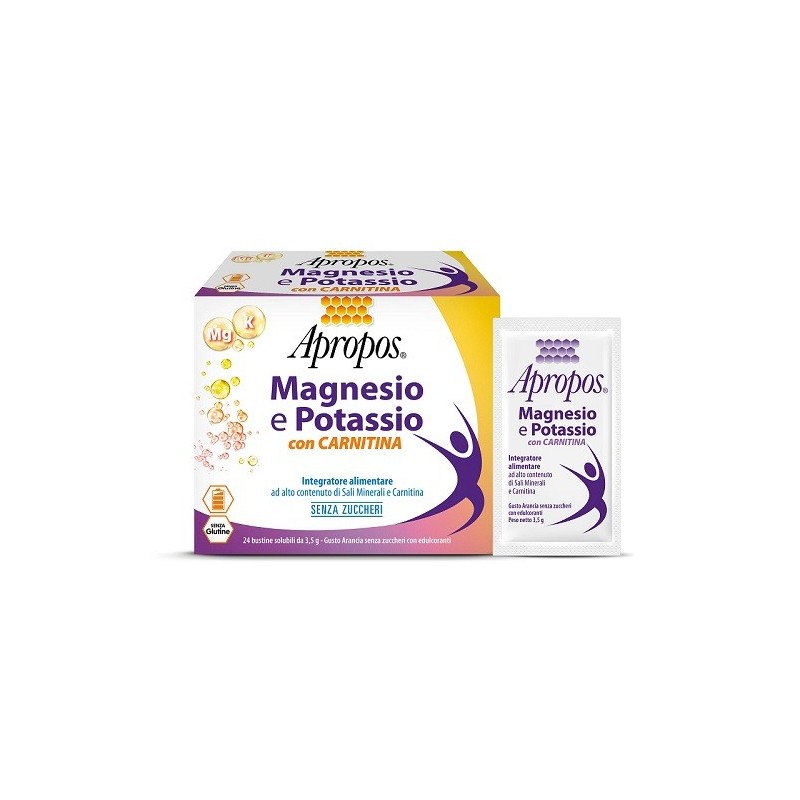 Apropos magnesio e potassio con carnitina 24 bustine solubili da 3,5 g gusto arancia senza zuccheri