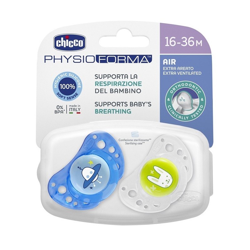 Chicco succhietto air boy in silicone 16-36 mesi 2 pezzi Chicco succhietto air boy in silicone 16-36 mesi 2 pezzi