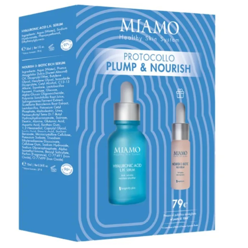 Miamo cofanetto 2025 plump & hydra 1 rughe di disidratazionehyaluronic acid lh serum 30 ml + 1 nourish 3 biotic 10 ml