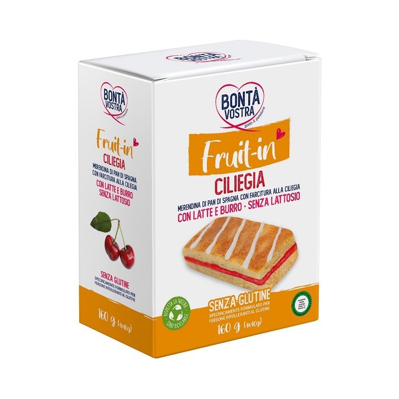 Bonta' vostra fruit in merendina di pan di spagna con farcitura alla ciliegia 4 pezzi x 40 g Bonta' vostra fruit in merendina di pan di spagna con farcitura alla ciliegia 4 pezzi x 40 g