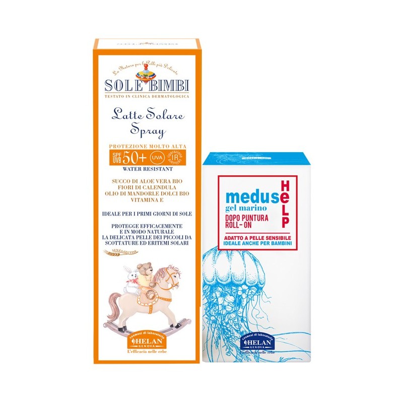 Sole bimbi latte solare spray spf50+ 100 ml + meduse help gel marino dopo puntura roll on 25 ml